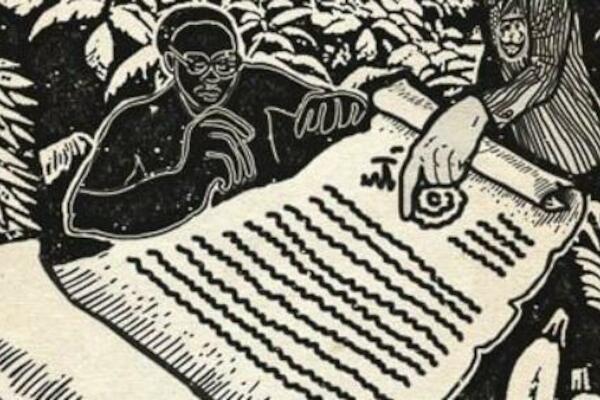 Esta ilustración fue creada por miembros del departamento artístico de Tricontinental para el dossier nº 88: El pacto con el diablo de África con el Fondo Monetario Internacional. La obra ilustra el pacto con el diablo al que se ven obligados todos los países africanos, y los costes que supone para su soberanía financiera, industrial, agrícola y política.